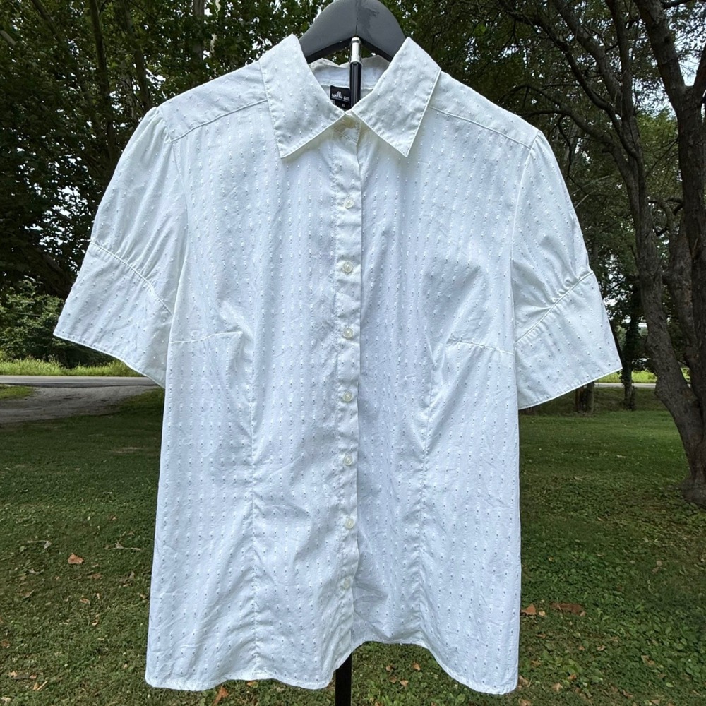 Willi Smith Womens White Textured Dobby Button Up Puff Sleeve Shirt XL Victorian